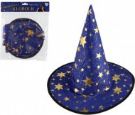 Klobouk čarodějnický pro děti průměr 38cm modro-zlatý v sáčku karneval