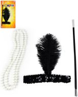 KARNEVAL Charleston čelenka s peřím set s korálemi a cigaretovou špičkou