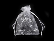 Vánoční dárkový pytlík vločky 9x12 cm organza 1 bílá stříbrná, 10 ks - zvětšit obrázek