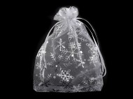 Vánoční dárkový pytlík vločky 13x18 cm organza 1 bílá stříbrná, 10 ks - zvětšit obrázek